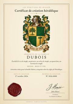 Certificat de création héraldique numéroté, signé de John Henri (exemple : famille Dubois)