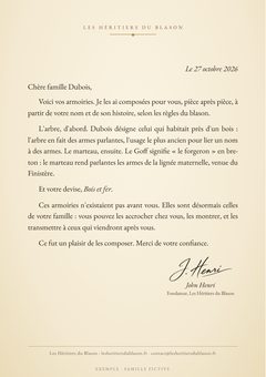 Lettre de John Henri qui explique les armoiries à la famille (exemple : famille Dubois)