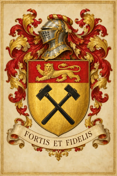 Blason d'exemple Lefebvre : marteaux de sable, léopard de Normandie