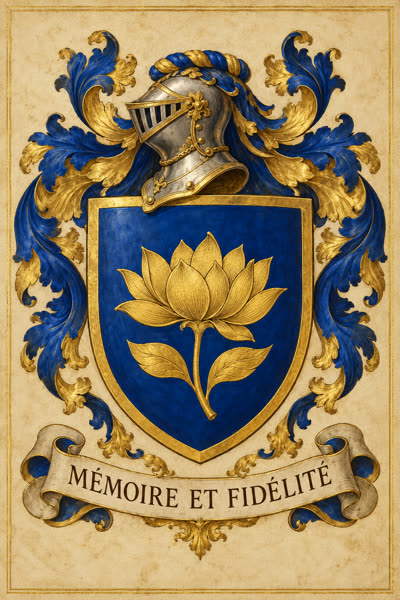 Blason d'exemple Nguyen : fleur de lotus d'or sur azur