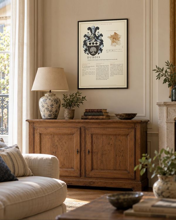 Mise en situation : l'affiche encadrée dans un salon. 30 × 40 cm, cadre noir, prête à accrocher, livrée en France, en Belgique, au Luxembourg et à Monaco
