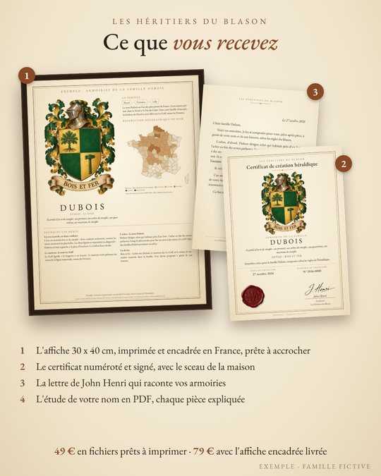 Ce que vous recevez : l'affiche 30 × 40 encadrée, le certificat de création numéroté et la lettre de John Henri (exemple : famille Dubois, fictive)